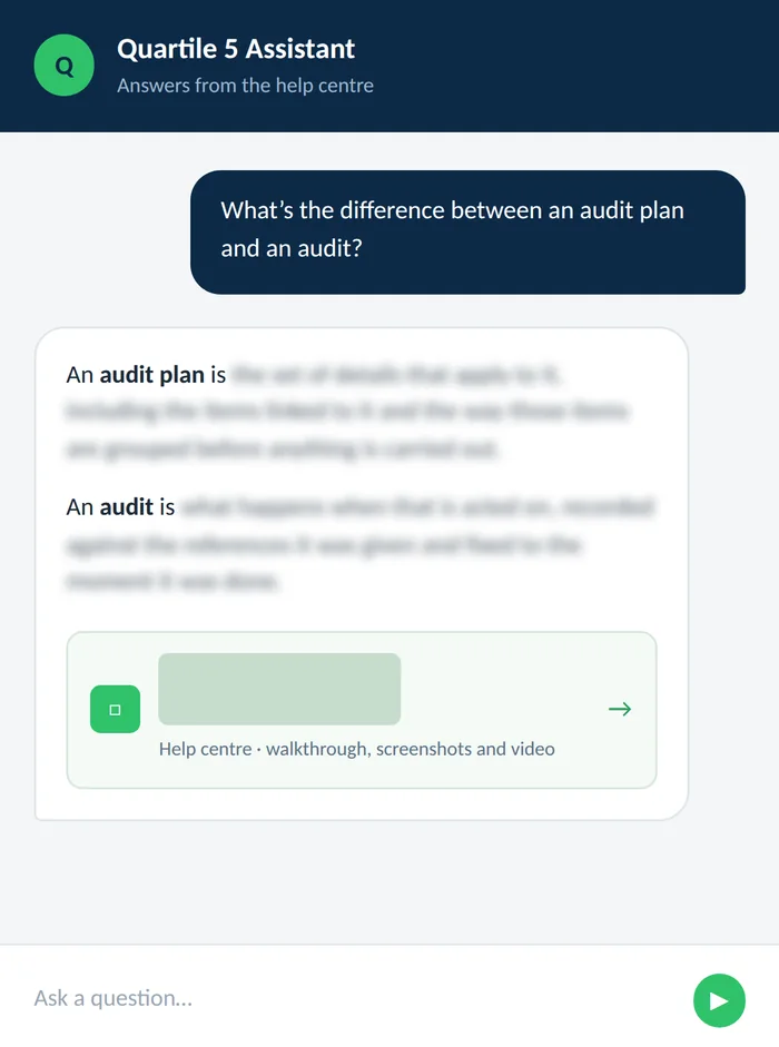 Reconstruction of the in-product support assistant answering a question and linking to the help-centre article the answer came from