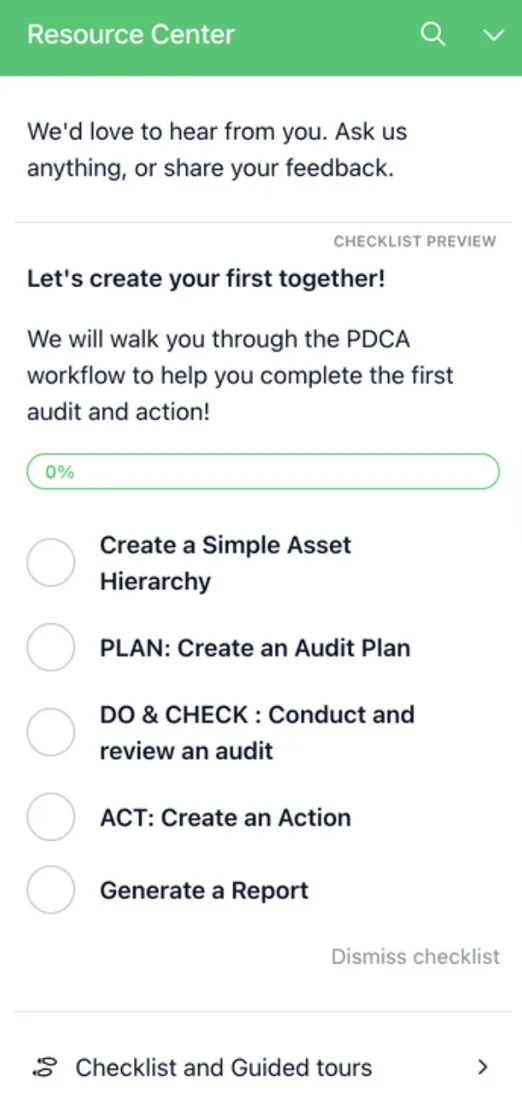 Onboarding checklist panel listing guided setup tasks with completion states